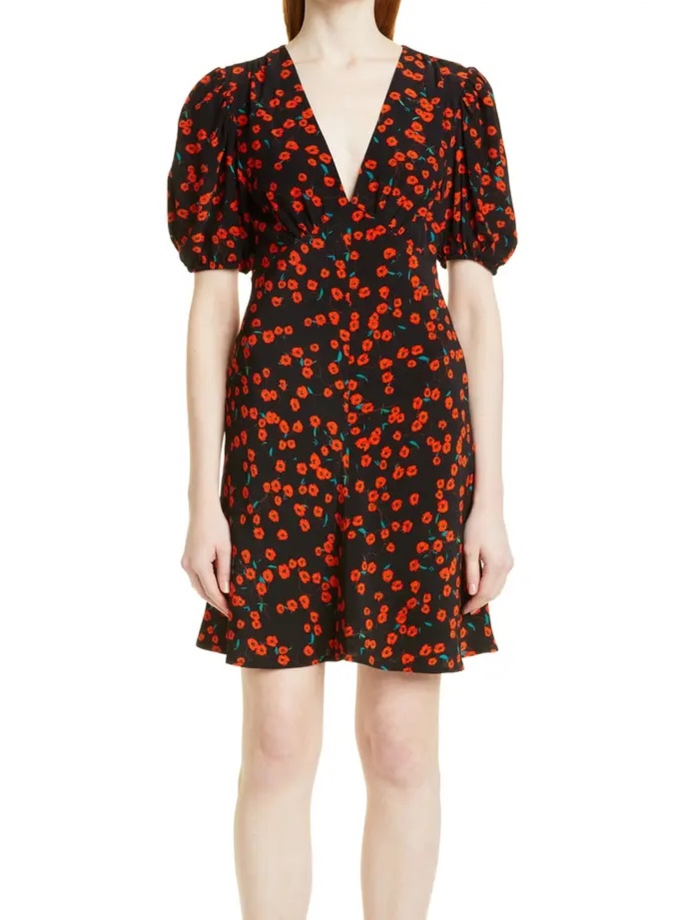 Staud black red poppy Milla short puff sleeve v-neck mini dress Women’s sz 8